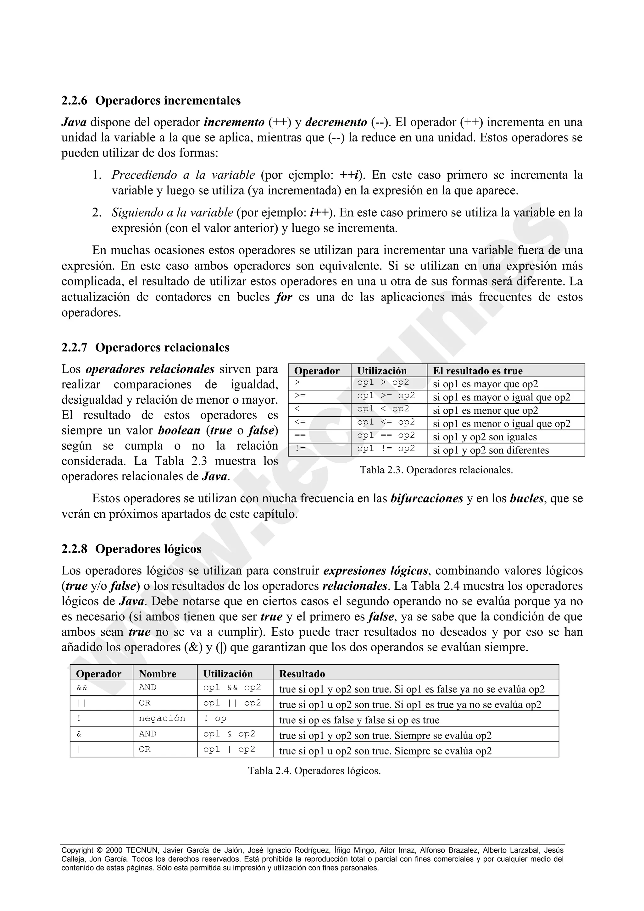 2.2.6 Operadores incrementales
Java dispone del operador incremento (++) y decremento (--). El operador (++) incrementa en una
unidad la variable a la que se aplica, mientras que (--) la reduce en una unidad. Estos operadores se
pueden utilizar de dos formas:
         1. Precediendo a la variable (por ejemplo: ++i). En este caso primero se incrementa la
            variable y luego se utiliza (ya incrementada) en la expresión en la que aparece.
         2. Siguiendo a la variable (por ejemplo: i++). En este caso primero se utiliza la variable en la
            expresión (con el valor anterior) y luego se incrementa.
      En muchas ocasiones estos operadores se utilizan para incrementar una variable fuera de una
expresión. En este caso ambos operadores son equivalente. Si se utilizan en una expresión más
complicada, el resultado de utilizar estos operadores en una u otra de sus formas será diferente. La
actualización de contadores en bucles for es una de las aplicaciones más frecuentes de estos
operadores.

2.2.7 Operadores relacionales
Los operadores relacionales sirven para                            Operador          Utilización            El resultado es true
realizar comparaciones de igualdad,                                >                 op1    > op2           si op1 es mayor que op2
                                                                   >=                op1    >= op2          si op1 es mayor o igual que op2
desigualdad y relación de menor o mayor.
                                                                   <                 op1    < op2           si op1 es menor que op2
El resultado de estos operadores es                                <=                op1    <= op2          si op1 es menor o igual que op2
siempre un valor boolean (true o false)                            ==                op1    == op2          si op1 y op2 son iguales
según se cumpla o no la relación                                   !=                op1    != op2          si op1 y op2 son diferentes
considerada. La Tabla 2.3 muestra los
                                                                                      Tabla 2.3. Operadores relacionales.
operadores relacionales de Java.
      Estos operadores se utilizan con mucha frecuencia en las bifurcaciones y en los bucles, que se
verán en próximos apartados de este capítulo.

2.2.8 Operadores lógicos
Los operadores lógicos se utilizan para construir expresiones lógicas, combinando valores lógicos
(true y/o false) o los resultados de los operadores relacionales. La Tabla 2.4 muestra los operadores
lógicos de Java. Debe notarse que en ciertos casos el segundo operando no se evalúa porque ya no
es necesario (si ambos tienen que ser true y el primero es false, ya se sabe que la condición de que
ambos sean true no se va a cumplir). Esto puede traer resultados no deseados y por eso se han
añadido los operadores (&) y (|) que garantizan que los dos operandos se evalúan siempre.

    Operador          Nombre             Utilización           Resultado
    &&                AND                op1 && op2            true si op1 y op2 son true. Si op1 es false ya no se evalúa op2
    ||                OR                 op1 || op2            true si op1 u op2 son true. Si op1 es true ya no se evalúa op2
    !                 negación           ! op                  true si op es false y false si op es true
    &                 AND                op1 & op2             true si op1 y op2 son true. Siempre se evalúa op2
    |                 OR                 op1 | op2             true si op1 u op2 son true. Siempre se evalúa op2
                                                      Tabla 2.4. Operadores lógicos.




Copyright © 2000 TECNUN, Javier García de Jalón, José Ignacio Rodríguez, Íñigo Mingo, Aitor Imaz, Alfonso Brazalez, Alberto Larzabal, Jesús
Calleja, Jon García. Todos los derechos reservados. Está prohibida la reproducción total o parcial con fines comerciales y por cualquier medio del
contenido de estas páginas. Sólo esta permitida su impresión y utilización con fines personales.
 