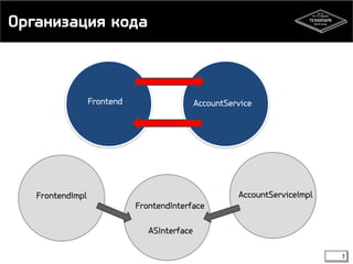Организация кода 
3 
Frontend AccountService 
FrontendImpl AccountServiceImpl 
FrontendInterface 
ASInterface 
 