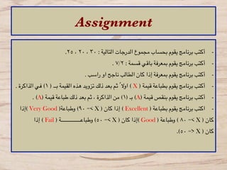 Assignment
.٢٥ ، ٢٠ ، ٣٠ : ‫التالية‬ ‫الدرجات‬ ‫مجموع‬ ‫بحساب‬ ‫يقوم‬ ‫برنامج‬ ‫ أكتب‬ -
. ٧/٢ : ‫قسمة‬ ‫باقي‬ ‫بمعرفة‬ ‫يقوم‬ ‫برنامج‬ ‫ أكتب‬ -
. ‫راسب‬ ‫او‬ ‫ناجح‬ ‫الطالب‬ ‫كان‬ ‫إذا‬ ‫بمعرفة‬ ‫يقوم‬ ‫برنامج‬ ‫ أكتب‬ -
) ‫قيمة‬ ‫بطباعة‬ ‫يقوم‬ ‫برنامج‬ ‫ أكتب‬ -X. ‫الذاكرة‬ ‫في‬ (١ ) ‫بــ‬ ‫القيمة‬ ‫هذه‬ ‫تزويد‬ ‫ذلك‬ ‫بعد‬ ‫ثم‬ ً ‫اوال‬ (
) ‫قيمة‬ ‫بنقص‬ ‫يقوم‬ ‫برنامج‬ ‫ أكتب‬ -A) ‫قيمة‬ ‫طباعة‬ ‫ذلك‬ ‫بعد‬ ‫ثم‬ ، ‫الذاكرة‬ ‫من‬ (١) ‫بـ‬ (A. (
) ‫بطباعة‬ ‫يقوم‬ ‫برنامج‬ ‫ اكتب‬ -Excellent)‫وطباعة‬ (٩٠ =< X ) ‫كان‬ ‫إذا‬ (Very Good‫(إذا‬
) ‫وطباعة‬ ( ٨٠ =< X ) ‫كان‬Good) ‫وطباعـــــــــــــــة‬ (٥٠ =< X ) ‫كان‬ ‫(إذا‬Fail‫إذا‬ (
.(٥٠ => X ) ‫كان‬
 
