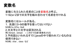 変数名
変数に与えられた名前のことを変数名と呼ぶ。
1~9とa~Zまでの文字を組み合わせて名前を付けれる
変数名にはルールがある。
１．先頭に0~9の数字を使ってはいけない
NG例)1a, 67try, 3to8
2.大文字と小文字は区別される
例) Senpai , senpai 　←この２つは違う変数名となる
3.予約語といわれるすでにjavaの中で使われているものは
使用できない
NG例)　char , class　など
 