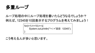 多重ループ
ループ処理の中にループ処理を書いたらどうなるでしょうか？
例えば、12345を10回表示するプログラムを考えてみましょう！
こう考える人が多いと思います。
for(i=1;i<=10;i++){
System.out.println(““+ i +”回目　12345”);
}
 