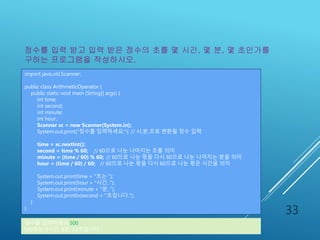 예제 2-5 : 산술 연산 예제
33
import java.util.Scanner;
public class ArithmeticOperator {
public static void main (String[] args) {
int time;
int second;
int minute;
int hour;
Scanner sc = new Scanner(System.in);
System.out.print("정수를 입력하세요:"); // 시,분,초로 변환될 정수 입력
time = sc.nextInt();
second = time % 60; // 60으로 나눈 나머지는 초를 의미
minute = (time / 60) % 60; // 60으로 나눈 몫을 다시 60으로 나눈 나머지는 분을 의미
hour = (time / 60) / 60; // 60으로 나눈 몫을 다시 60으로 나눈 몫은 시간을 의미
System.out.print(time + "초는 ");
System.out.print(hour + "시간, ");
System.out.print(minute + "분, ");
System.out.println(second + "초입니다.");
}
}
정수를 입력 받고 입력 받은 정수의 초를 몇 시간, 몇 분, 몇 초인가를
구하는 프로그램을 작성하시오.
정수를 입력하세요:500
500초는 0시간, 8분, 20초입니다.
 