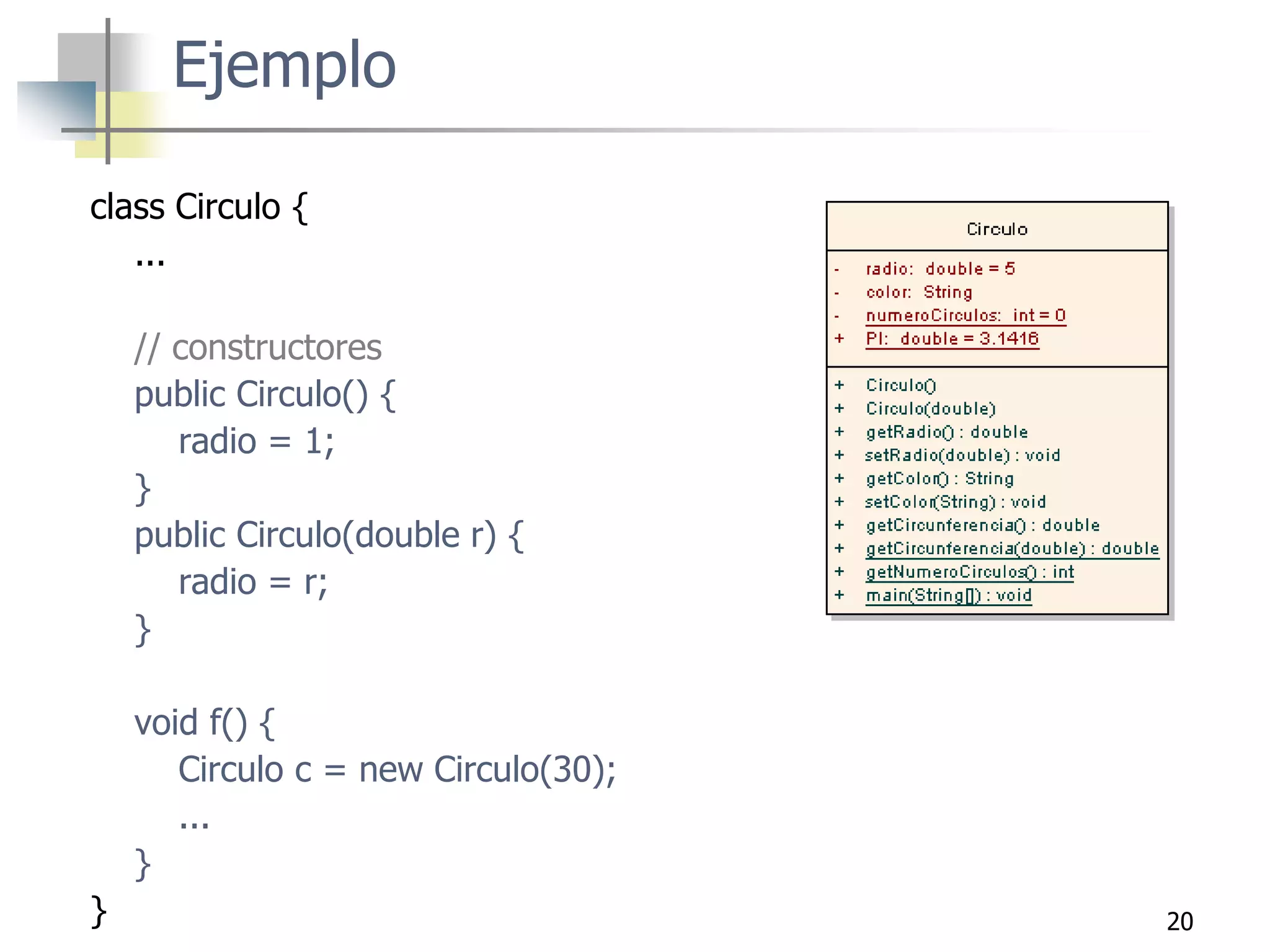 20
class Circulo {
...
// constructores
public Circulo() {
radio = 1;
}
public Circulo(double r) {
radio = r;
}
void f() {
Circulo c = new Circulo(30);
...
}
}
Ejemplo
 