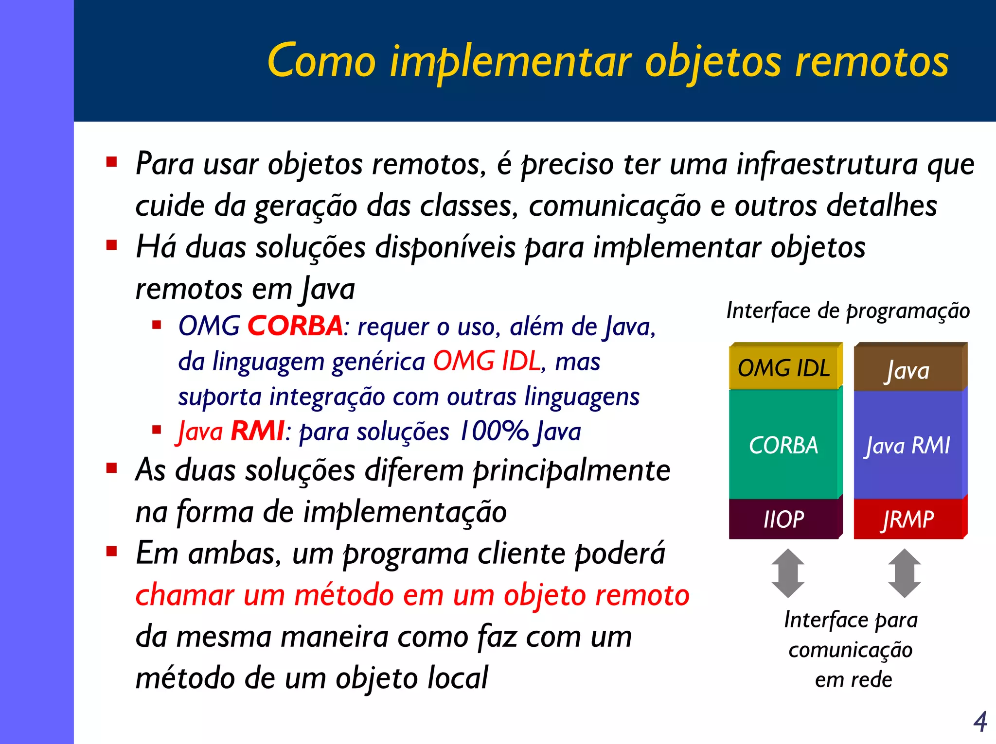 Como implementar objetos remotos
Para usar objetos remotos, é preciso ter uma infraestrutura que
cuide da geração das classes, comunicação e outros detalhes
Há duas soluções disponíveis para implementar objetos
remotos em Java
OMG CORBA: requer o uso, além de Java,
da linguagem genérica OMG IDL, mas
suporta integração com outras linguagens
Java RMI: para soluções 100% Java

As duas soluções diferem principalmente
na forma de implementação
Em ambas, um programa cliente poderá
chamar um método em um objeto remoto
da mesma maneira como faz com um
método de um objeto local

Interface de programação
OMG IDL

Java

CORBA

Java RMI

IIOP

JRMP

Interface para
comunicação
em rede

4

 