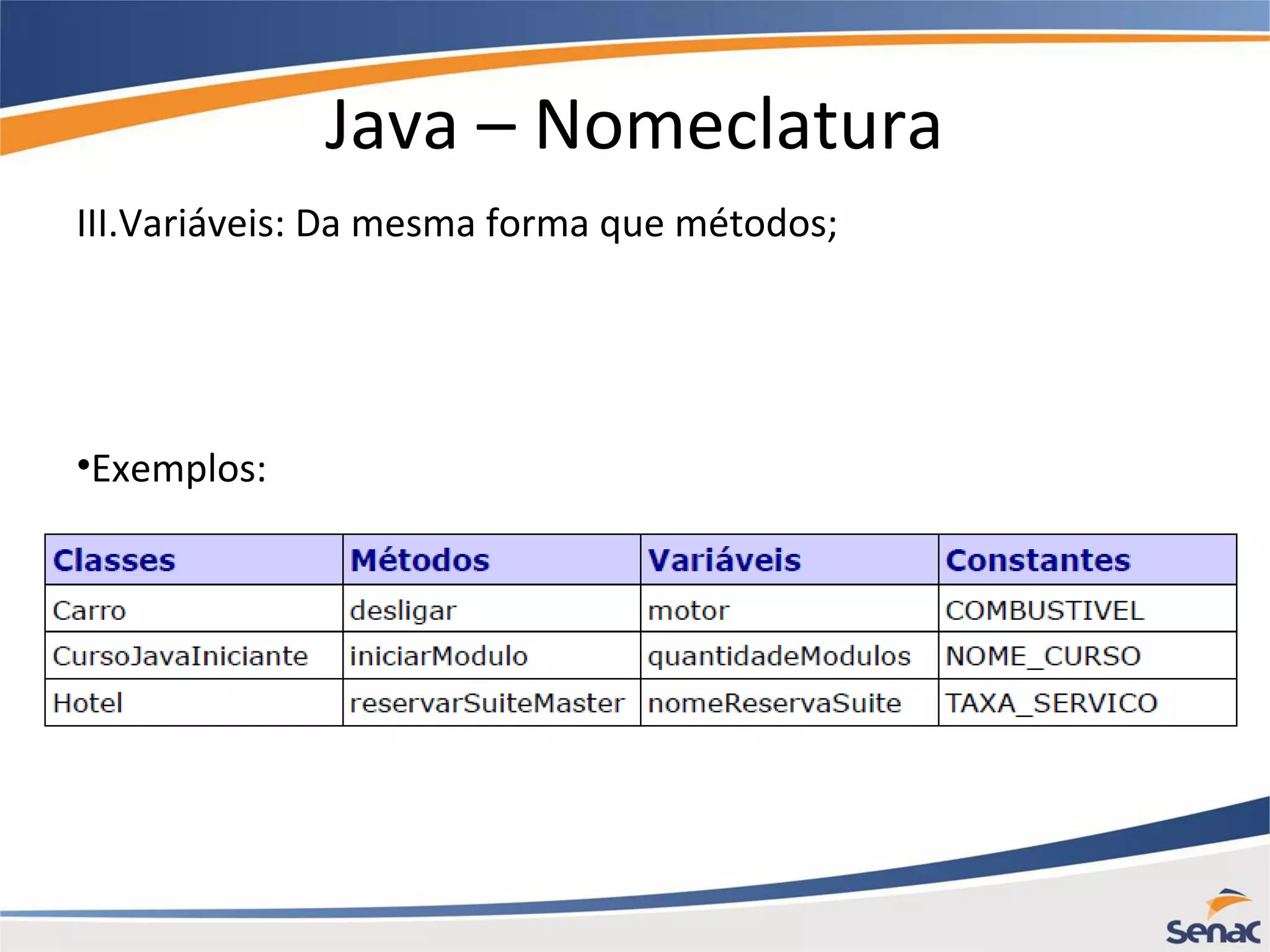 Java – Nomeclatura III.Variáveis: Da mesma forma que métodos; •Exemplos: 