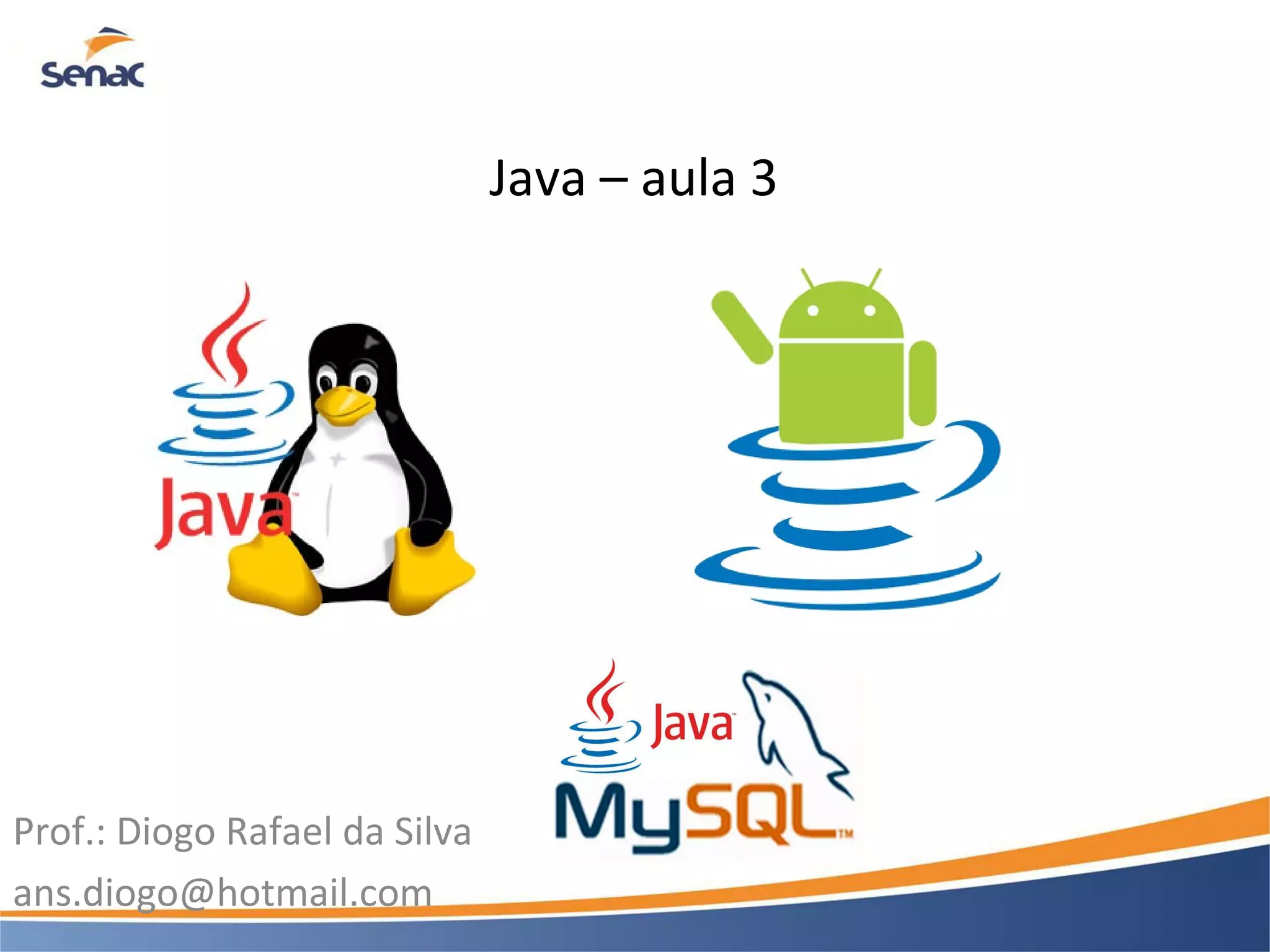 Java – aula 3 Prof.: Diogo Rafael da Silva ans.diogo@hotmail.com 