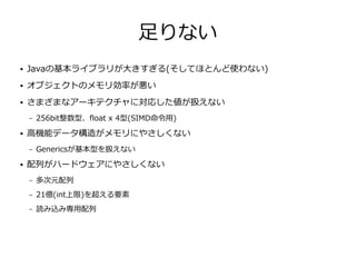 足りない
● Javaの基本ライブラリが大きすぎる(そしてほとんど使わない)
● オブジェクトのメモリ効率が悪い
● さまざまなアーキテクチャに対応した値が扱えない
– 256bit整数型、float x 4型(SIMD命令用)
● 高機能データ構造がメモリにやさしくない
– Genericsが基本型を扱えない
● 配列がハードウェアにやさしくない
– 多次元配列
– 21億(int上限)を超える要素
– 読み込み専用配列
 