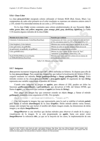 Capítulo 5: El AWT (Abstract Windows Toolkit) página 121
Copyright © 2000 TECNUN, Javier García de Jalón, José Ignacio Rodríguez, Íñigo Mingo, Aitor Imaz, Alfonso Brazalez, Alberto Larzabal, Jesús
Calleja, Jon García. Todos los derechos reservados. Está prohibida la reproducción total o parcial con fines comerciales y por cualquier medio del
contenido de estas páginas. Sólo esta permitida su impresión y utilización con fines personales.
5.5.6 Clase Color
La clase java.awt.Color encapsula colores utilizando el formato RGB (Red, Green, Blue). Las
componentes de cada color primario en el color resultante se expresan con números enteros entre 0
y 255, siendo 0 la intensidad mínima de ese color, y 255 la máxima.
En la clase Color existen constantes para colores predeterminados de uso frecuente: black,
white, green, blue, red, yellow, magenta, cyan, orange, pink, gray, darkGray, lightGray. La Tabla
5.34 muestra algunos métodos de la clase Color.
5.5.7 Imágenes
Java permite incorporar imágenes de tipo GIF y JPEG definidas en ficheros. Se dispone para ello de
la clase java.awt.Image. Para cargar una imagen hay que indicar la localización del fichero (URL) y
cargarlo mediante los métodos Image getImage(String) o Image getImage(URL, String). Estos
métodos existen en las clases java.awt.Toolkit y java.applet.Applet. El argumento de tipo String
representa una variable conteniendo el nombre del fichero.
Cuando estas imágenes se cargan en applets, para obtener el URL pueden ser útiles las
funciones getDocumentBase() y getCodeBase(), que devuelven el URL del fichero HTML que
llama al applet, y el directorio que contiene el applet (en forma de String).
Para cargar una imagen hay que comenzar creando un objeto Image, y llamar al método
getImage(), pasándole como argumento el URL. Por ejemplo:
Image miImagen = getImage(getCodeBase(), "imagen.gif")
Una vez cargada la imagen, hay que representarla, para lo cual se redefine el método paint()
para llamar al método drawImage() de la clase Graphics. Dicho método admite varias formas,
aunque casi siempre hay que incluir el nombre del objeto imagen creado, las dimensiones de dicha
imagen y un objeto ImageObserver.
ImageObserver es una interface que declara métodos para observar el estado de la carga y
visualización de la imagen. Si se está programando un applet, basta con poner como
ImageObserver la referencia this, ya que en la mayoría de los casos, la implementación de esta
Metodos de la clase Color Función que realizan
Color(int), Color(int,int,int), Color(float,float,float) Constructores de Color, con tres bytes en un int (del bit 0
al 23), con enteros entre 0 y 255 y float entre 0.0 y 1.0
Color brighter(), Color darker() Obtienen una versión más o menos brillante de un color
Color getColor(), int getRGB() Obtiene un color en los tres primeros bytes de un int
int getGreen(), int getRed(), int getBlue() Obtienen las componentes de un color
Color getHSBColor() Obtiene un color a partir de los valores de “hue”,
“saturation” y “brightness” (entre 0.0 y 1.0)
float[] RGBtoHSB(int,int,int,float[]),
int HSBtoRGB(float,float,float)
Métodos static para convertir colores de un sistema de
definición de colores a otro
Tabla 5.34. Métodos de la clase Color.
 