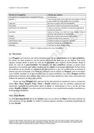 Capítulo 4: Clases de Utilidad página 69
Copyright © 2000 TECNUN, Javier García de Jalón, José Ignacio Rodríguez, Íñigo Mingo, Aitor Imaz, Alfonso Brazalez, Alberto Larzabal, Jesús
Calleja, Jon García. Todos los derechos reservados. Está prohibida la reproducción total o parcial con fines comerciales y por cualquier medio del
contenido de estas páginas. Sólo esta permitida su impresión y utilización con fines personales.
4.3 WRAPPERS
Los Wrappers (envoltorios) son clases diseñadas para ser un complemento de los tipos primitivos.
En efecto, los tipos primitivos son los únicos elementos de Java que no son objetos. Esto tiene
algunas ventajas desde el punto de vista de la eficiencia, pero algunos inconvenientes desde el
punto de vista de la funcionalidad. Por ejemplo, los tipos primitivos siempre se pasan como
argumento a los métodos por valor, mientras que los objetos se pasan por referencia. No hay forma
de modificar en un método un argumento de tipo primitivo y que esa modificación se trasmita al
entorno que hizo la llamada. Una forma de conseguir esto es utilizar un Wrapper, esto es un objeto
cuya variable miembro es el tipo primitivo que se quiere modificar. Las clases Wrapper también
proporcionan métodos para realizar otras tareas con lo tipos primitivos, tales como conversión con
cadenas de caracteres en uno y otro sentido.
Existe una clase Wrapper para cada uno de los tipos primitivos numéricos, esto es, existen las
clases Byte, Short, Integer, Long, Float y Double (obsérvese que los nombres empiezan por
mayúscula, siguiendo la nomenclatura típica de Java). A continuación se van a ver dos de estas
clases: Double e Integer. Las otras cuatro son similares y sus características pueden consultarse en
la documentación on-line.
4.3.1 Clase Double
La clase java.lang.Double deriva de Number, que a su vez deriva de Object. Esta clase contiene un
valor primitivo de tipo double. La Tabla 4.3 muestra algunos métodos y constantes predefinidas de
la clase Double.
Métodos de StringBuffer Función que realizan
StringBuffer(), StringBuffer(int), StringBuffer(String) Constructores
append(...) Tiene muchas definiciones diferentes para añadir un String
o una variable (int, long, double, etc.) a su objeto
capacity() Devuelve el espacio libre del StringBuffer
charAt(int) Devuelve el carácter en la posición especificada
getChars(int, int, char[], int) Copia los caracteres indicados en la posición indicada de
un array de caracteres
insert(int, ) Inserta un String o un valor (int, long, double, ...) en la
posición especificada de un StringBuffer
length() Devuelve el número de caracteres de la cadena
reverse() Cambia el orden de los caracteres
setCharAt(int, char) Cambia el carácter en la posición indicada
setLength(int) Cambia el tamaño de un StringBuffer
toString() Convierte en objeto de tipo String
Tabla 4.2. Algunos métodos de la clase StringBuffer.
 