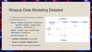 Wrapup Data Modeling Detailed
☕ Sealed types limit which subtypes can directly
extend/implement them.
public sealed interface Intention
permits Coupon, Experience,
Present, Postcard {}
public sealed class Experience
implements Intention
permits Coupon {}
☕ Present,Postcard are records.
☕ Coupon extends Experience.
☕ Represent Gift using composite patterns.
 