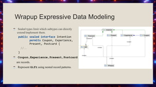 Wrapup Expressive Data Modeling
☕ Sealed types limit which subtypes can directly
extend/implement them.
public sealed interface Intention
permits Coupon, Experience,
Present, Postcard {
//…
}
☕ Coupon,Experience,Present,Postcard
are records.
☕ Represent Gift using nested record patterns.
 