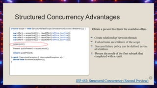 Structured Concurrency Advantages
try (var scope = new StructuredTaskScope.ShutdownOnSuccess<Present>()) {
var offer1 = scope.fork(() -> readOffer1(refPrice, boxPrice));
var offer2 = scope.fork(() -> readOffer2(refPrice, boxPrice));
var offer3 = scope.fork(() -> readOffer3(refPrice, boxPrice));
var offer4 = scope.fork(() -> readOffer4(refPrice, boxPrice));
scope.join();
Present quickPresent = scope.result();
return quickPresent;
} catch (ExecutionException | InterruptedException e) {
throw new RuntimeException(e);
}
Obtain a present fast from the available offers
☕ Create relationship between threads
☕ Forked tasks are children of the scope
☕ Success/failure policy can be defined across
all children.
☕ Return the result of the first subtask that
completed with a result.
 