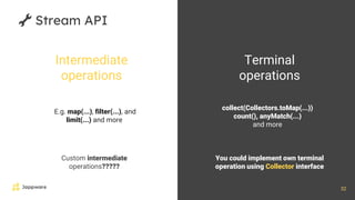 32
🔧 Stream API
Intermediate
operations
Terminal
operations
E.g. map(...), filter(...), and
limit(...) and more
collect(Collectors.toMap(...))
count(), anyMatch(...)
and more
You could implement own terminal
operation using Collector interface
Custom intermediate
operations?????
 