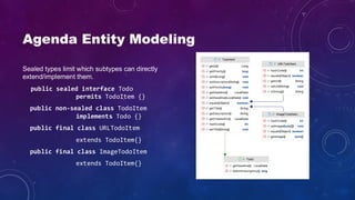 Agenda Entity Modeling
Sealed types limit which subtypes can directly
extend/implement them.
public sealed interface Todo
permits TodoItem {}
public non-sealed class TodoItem
implements Todo {}
public final class URLTodoItem
extends TodoItem{}
public final class ImageTodoItem
extends TodoItem{}
 