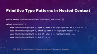 Primitive Type Patterns in Nested Context
public record Statistic(Highlight highlight, int count) {}
switch (statistic) {
case Statistic(Highlight h, byte b) when h == Highlight.RED && b < -10 -> …;
case Statistic(Highlight h, short s) when h == Highlight.YELLOW -> …;
case Statistic(Highlight h, int i) when h == Highlight.BLUE ->…;
case Statistic(Highlight h, int i) -> …;
}
JEP 455: Primitive Types in Patterns, instanceof, and switch (Preview)
 