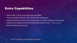 Extra Capabilities
• Define simple GitHub Flavored Markdown pipe tables.
• Process standalone Markdown files from doc-files subdirectories.
• Standalone Markdown files can have JavaDoc tags , but YAML metadata is not supported.
• Enable syntax highlighting with Javascript libraries through javadoc --add-script.
• Render diagrams (like Mermaid).
JEP 467: Markdown Documentation Comments
 