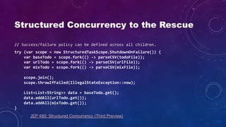 Structured Concurrency to the Rescue
// Success/failure policy can be defined across all children.
try (var scope = new StructuredTaskScope.ShutdownOnFailure()) {
var baseTodo = scope.fork(() -> parseCSV(todoFile));
var urlTodo = scope.fork(() -> parseCSV(urlFile));
var mixTodo = scope.fork(() -> parseCSV(mixFile));
scope.join();
scope.throwIfFailed(IllegalStateException::new);
List<List<String>> data = baseTodo.get();
data.addAll(urlTodo.get());
data.addAll(mixTodo.get());
}
JEP 480: Structured Concurrency (Third Preview)
 