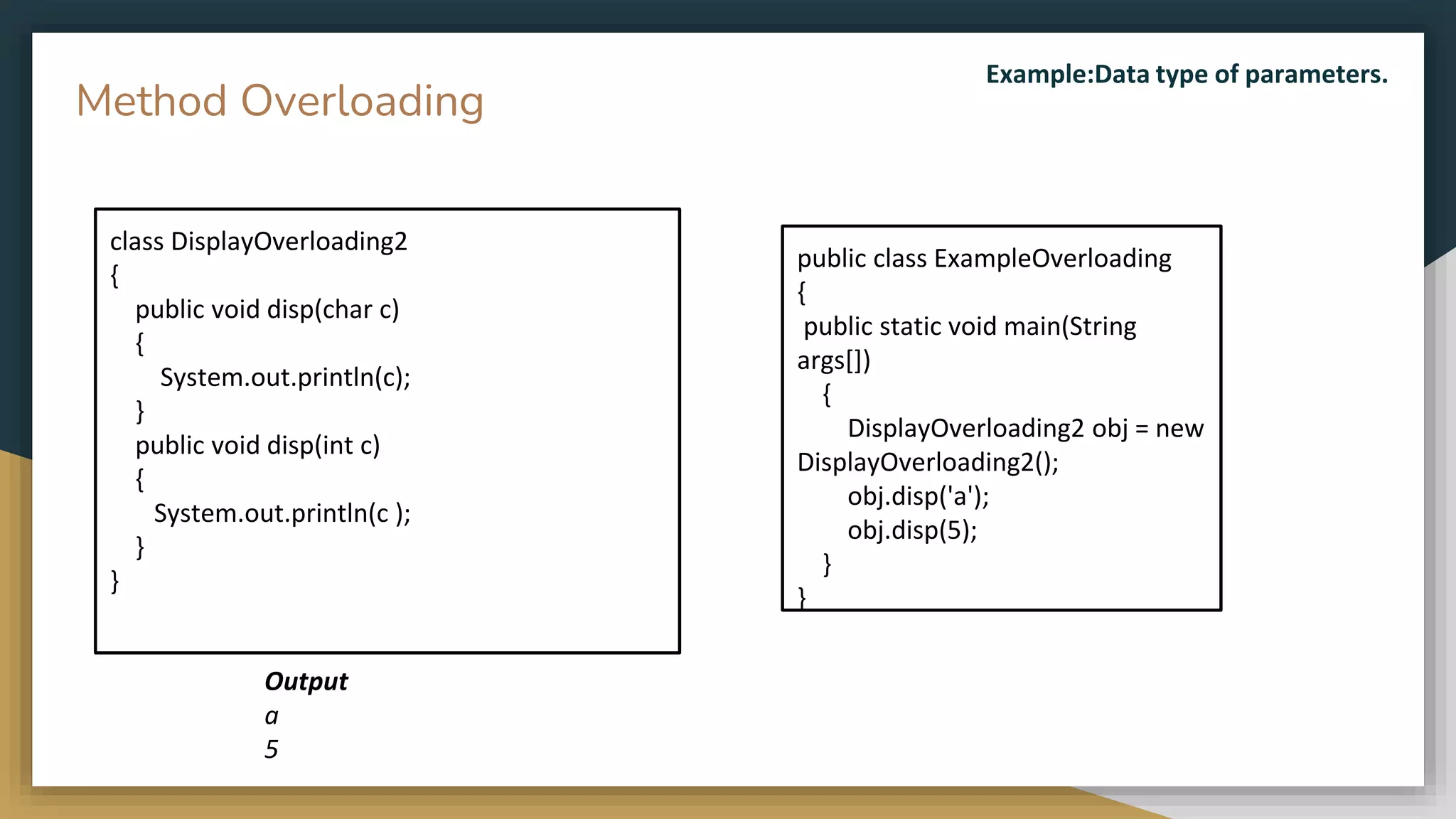 public class ExampleOverloading
{
public static void main(String
args[])
{
DisplayOverloading2 obj = new
DisplayOverloading2();
obj.disp('a');
obj.disp(5);
}
}
class DisplayOverloading2
{
public void disp(char c)
{
System.out.println(c);
}
public void disp(int c)
{
System.out.println(c );
}
}
Method Overloading
Output
a
5
Example:Data type of parameters.
 