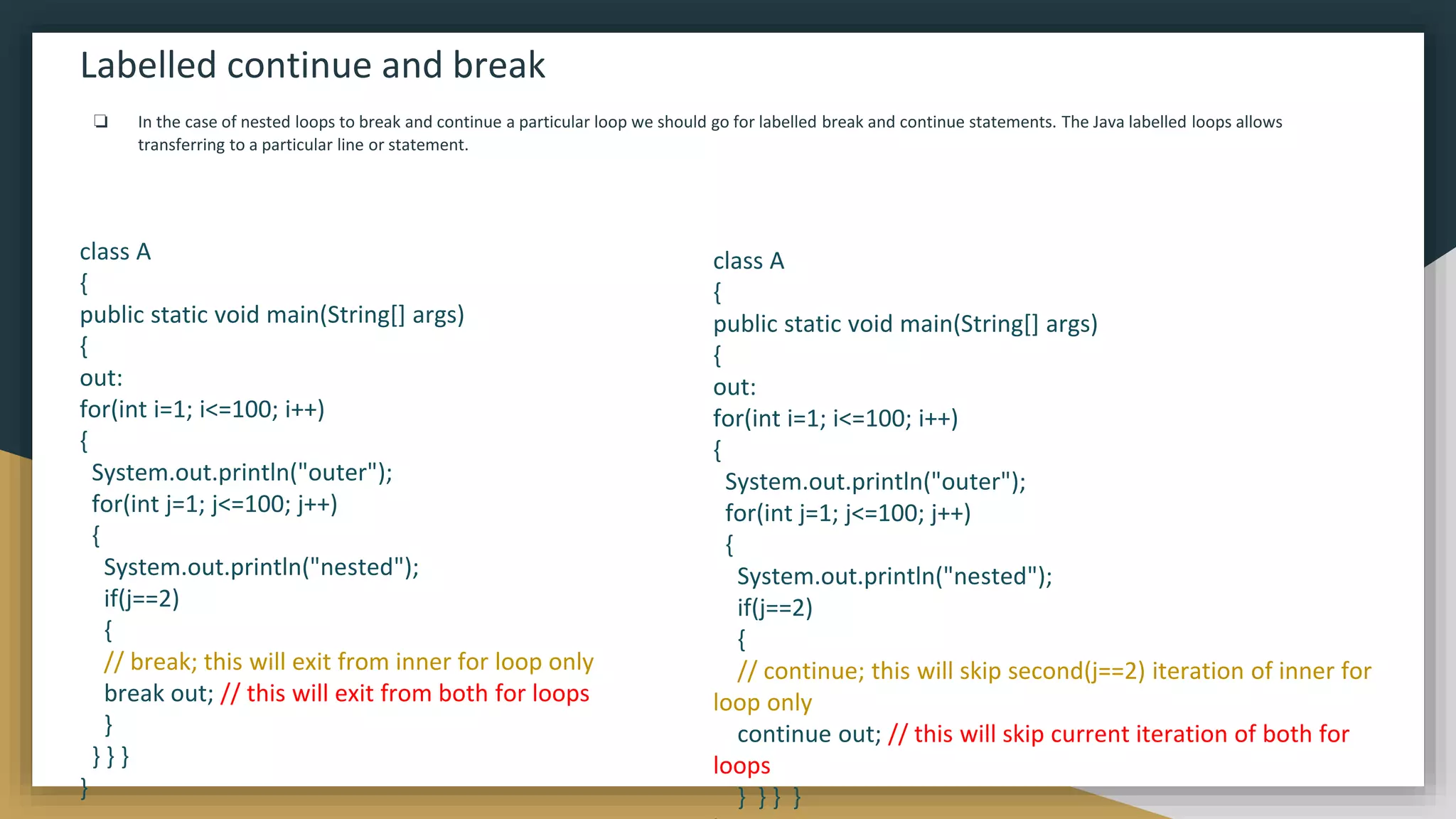 Labelled continue and break
❏ In the case of nested loops to break and continue a particular loop we should go for labelled break and continue statements. The Java labelled loops allows
transferring to a particular line or statement.
class A
{
public static void main(String[] args)
{
out:
for(int i=1; i<=100; i++)
{
System.out.println("outer");
for(int j=1; j<=100; j++)
{
System.out.println("nested");
if(j==2)
{
// continue; this will skip second(j==2) iteration of inner for
loop only
continue out; // this will skip current iteration of both for
loops
} } } }
class A
{
public static void main(String[] args)
{
out:
for(int i=1; i<=100; i++)
{
System.out.println("outer");
for(int j=1; j<=100; j++)
{
System.out.println("nested");
if(j==2)
{
// break; this will exit from inner for loop only
break out; // this will exit from both for loops
}
} } }
}
 