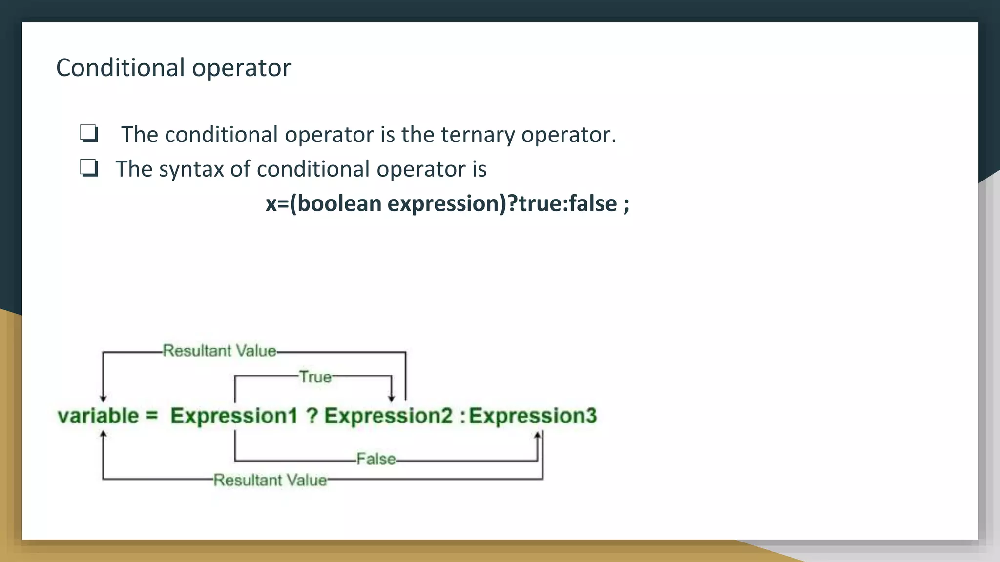 Conditional operator
❏ The conditional operator is the ternary operator.
❏ The syntax of conditional operator is
x=(boolean expression)?true:false ;
 