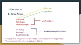 DECLARATION
Declaring Arrays:
Int[] mark;
Byte[] age;
Double[] height;
Int mark[];
Byte age[];
Double height[];
preferred way
works but not preferred way
Data type
Array Name
*The size of an array must be specified by an int value and not long or short.
*The direct superclass of an array type is Object.
 