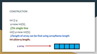CONSTRUCTION
int [] y;
y=new int[5];
//In single line
int[] y=new int[5];
//length of array can be find using arrayName.length
Int ySize=y.length;
 