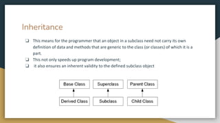 Inheritance
❏ This means for the programmer that an object in a subclass need not carry its own
definition of data and methods that are generic to the class (or classes) of which it is a
part.
❏ This not only speeds up program development;
❏ it also ensures an inherent validity to the defined subclass object
 