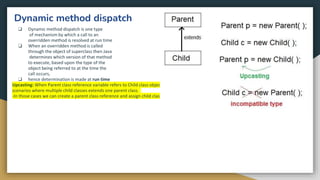 Dynamic method dispatch
❏ Dynamic method dispatch is one type
of mechanism by which a call to an
overridden method is resolved at run time
❏ When an overridden method is called
through the object of superclass then Java
determines which version of that method
to execute, based upon the type of the
object being referred to at the time the
call occurs,
❏ hence determination is made at run time
Upcasting: When Parent class reference variable refers to Child class object, it is known as Upcasting. In Java this can be done and is helpful in
scenarios where multiple child classes extends one parent class.
-In those cases we can create a parent class reference and assign child class objects to it.
 