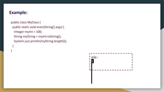 public class MyClass {
public static void main(String[] args) {
Integer myInt = 100;
String myString = myInt.toString();
System.out.println(myString.length());
}
}
Example:
o/p:-
3
 