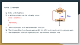 while statement
❏ Entry controlled loop
❏ A while statement has the following syntax:
while ( condition )
{
statement;
}
❏ If the condition is true, the statement is executed
❏ Then the condition is evaluated again, and if it is still true, the statement is executed again
❏ The statement is executed repeatedly until the condition becomes false
 