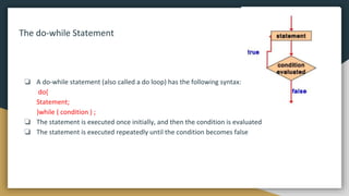 The do-while Statement
❏ A do-while statement (also called a do loop) has the following syntax:
do{
Statement;
}while ( condition ) ;
❏ The statement is executed once initially, and then the condition is evaluated
❏ The statement is executed repeatedly until the condition becomes false
 