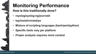 © 2017 Creative Arts & Technologies and others. All rights reserved.#Monitoring #Performance
Monitoring Performance
How is this traditionally done?
• rsyslog/syslog-ng/journald
• top/iostat/vmstat/ps
• Mixture of scripting languages (bash/perl/python)
• Specific tools vary per platform
• Proper analysis requires more context
 