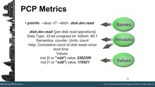 © 2017 Creative Arts & Technologies and others. All rights reserved.#Monitoring #Performance
PCP Metrics
• pminfo --desc -tT --fetch disk.dev.read
disk.dev.read [per-disk read operations]
Data Type: 32-bit unsigned int InDom: 60.1
Semantics: counter Units: count
Help: Cumulative count of disk reads since
boot time
Values:
inst [0 or "sda"] value 3382299
inst [1 or "sdb"] value 178421
16
 