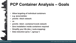 © 2017 Creative Arts & Technologies and others. All rights reserved.#Monitoring #Performance
PCP Container Analysis – Goals
• Allow targeting of individual containers
• e.g. /proc/net/dev
• pminfo --fetch network
• vs
• pminfo –fetch –container=crank network
• Zero installation inside containers required
• Simplify your life (dev_t auto-mapping)
• Data reduction (proc.*, cgroup.*)
 