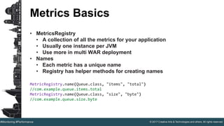 © 2017 Creative Arts & Technologies and others. All rights reserved.#Monitoring #Performance
Metrics Basics
• MetricsRegistry
• A collection of all the metrics for your application
• Usually one instance per JVM
• Use more in multi WAR deployment
• Names
• Each metric has a unique name
• Registry has helper methods for creating names
MetricRegistry.name(Queue.class, "items", "total")
//com.example.queue.items.total
MetricRegistry.name(Queue.class, "size", "byte")
//com.example.queue.size.byte
 