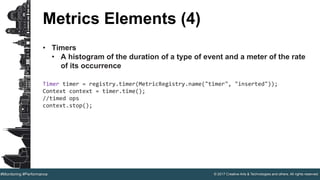 © 2017 Creative Arts & Technologies and others. All rights reserved.#Monitoring #Performance
Metrics Elements (4)
• Timers
• A histogram of the duration of a type of event and a meter of the rate
of its occurrence
Timer timer = registry.timer(MetricRegistry.name("timer", "inserted"));
Context context = timer.time();
//timed ops
context.stop();
 