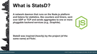© 2017 Creative Arts & Technologies and others. All rights reserved.#Monitoring #Performance
What is StatsD?
A network daemon that runs on the Node.js platform
and listens for statistics, like counters and timers, sent
over UDP or TCP and sends aggregates to one or more
pluggable backend services (e.g., Graphite).
StatsD was inspired (heavily) by the project (of the
same name) at Flickr.
 