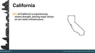 © 2017 Creative Arts & Technologies and others. All rights reserved.#Physikal @UnitAPI
California
98% of California is experiencing
severe drought, placing major stress
on our water infrastructure.
 