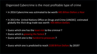 @spoole167
Organized Cybercrime is the most profitable type of crime
• In 2016 Cybercrime was estimated to be worth 445 Billion Dollars a Year
• In 2013 the United Nations Office on Drugs and Crime (UNODC) estimated
globally the illicit drug trade was worth 435 Billion Dollars
• Guess which one has the least risk to the criminal ?
• Guess which is growing the fastest ?
• Guess which one is the hardest to prosecute ?
• Guess which one is predicted to reach 2100 Billion Dollars by 2019?
 