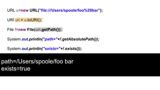 URL u=new URL("file:///Users/spoole/foo%20bar");
URI uri = u.toURI();
File f=new File(uri.getPath());
System.out.println("path="+f.getAbsolutePath());
System.out.println("exists="+f.exists());
path=/Users/spoole/foo bar
exists=true
 