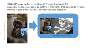 JPEG 2000 image exploit on the OpenJPEG openjp2 version 2.1.1
A specially crafted image caused a buffer overflow in the JPEG code and overwrites
memory in such a way to allow allow arbitrary code execution
https://www.flickr.com/photos/mediumpanda/
https://www.flickr.com/photos/jasonahowie/
 