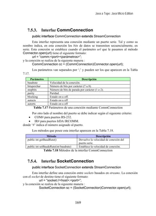 Java a Tope: Java Micro Edition




   7.5.3.     Interfaz CommConnection
        public interface CommConnection extends StreamConnection
       Esta interfaz representa una conexión mediante un puerto serie. Tal y como su
nombre indica, en esta conexión los bits de datos se transmiten secuencialmente, en
serie. Esta conexión se establece cuando el parámetro url que le pasamos al método
Connector.open(url) tiene el siguiente formato:
       url = “comm:<port><parámetros>”;
y la conexión se realiza de la siguiente manera :
       CommConnection cc = (CommConnection)Connector.open(url);
        Los parámetros van separados por ‘;’ y pueden ser los que aparecen en la Tabla
7.17.
      Parámetro                                Descripción
   baudrate          Velocidad de la conexión.
   bitsperchar       Número de bits por carácter (7 u 8).
   stopbits          Número de bits de parada por carácter (1 o 2).
   parity            Paridad.
   blocking          Estado on u off.
   autocts           Estado on u off
   autorts           Estado on u off
        Tabla 7.17 Parámetros de una conexión mediante CommConnection
      Por otro lado el nombre del puerto se debe indicar según el siguiente criterio:
    • COM# para puertos RS-232.
    • IR# para puertos IrDA IRCOMM.
donde ‘#’ indica el número asignado al puerto.
        Los métodos que posee esta interfaz aparecen en la Tabla 7.18.
                   Método                                   Descripción
   public int getBaudRate()                  Devuelve la velocidad de conexión del
                                             puerto serie.
   public int setBaudeRate(int baudrate)     Establece la velocidad de conexión.
                Tabla 7.18 Métodos de la interfaz CommConnection


   7.5.4.     Interfaz SocketConnection
        public interface SocketConnection extends StreamConnection
       Esta interfaz define una conexión entre sockets basados en streams. La conexión
con el socket de destino tiene el siguiente formato:
            url = “socket://<host>:<port>”;
y la conexión se realiza de la siguiente manera :
            SocketConnection sc = (SocketConnection)Connector.open(url);



                                           169
 