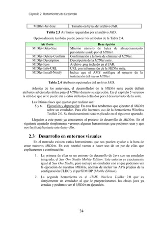Capítulo 2: Herramientas de Desarrollo


        MIDlet-Jar-Size              Tamaño en bytes del archivo JAR.
                  Tabla 2.3 Atributos requeridos por el archivo JAD.
        Opcionalmente también puede poseer los atributos de la Tabla 2.4.
            Atributo                                    Descripción
       MIDlet-Data-Size             Mínimo número de bytes de almacenamiento
                                    persistente usado por el MIDlet.
       MIDlet-Delete-Confirm        Confirmación a la hora de eliminar el MIDlet.
       MIDlet-Description           Descripción de la MIDlet suite.
       MIDlet-Icon                  Archivo .png incluido en el JAR.
       MIDlet-Info-URL              URL con información de la MIDlet suite.
       MIDlet-Install-Notify        Indica que el AMS notifique al usuario de la
                                    instalación del nuevo MIDlet.
                   Tabla 2.4 Atributos opcionales del archivo JAD.
        Además de los anteriores, el desarrollador de la MIDlet suite puede definir
atributos adicionales útiles para el MIDlet durante su ejecución. En el capítulo 5 veremos
la utilidad que se le puede dar a estos atributos definidos por el desarrollador de la suite.
       Las últimas fases que quedan por realizar son:
         5 y 6. Ejecución y depuración: En esta fase tendremos que ejecutar el MIDlet
                  sobre un emulador. Para ello haremos uso de la herramienta Wireless
                  Toolkit 2.0. Su funcionamiento será explicado en el siguiente apartado.
      Llegados a este punto ya conocemos el proceso de desarrollo de MIDlets. En el
siguiente apartado simplemente veremos algunas herramientas que podemos usar y que
nos facilitará bastante este desarrollo.

    2.3 Desarrollo en entornos visuales
       En el mercado existen varias herramientas que nos pueden ayudar a la hora de
crear nuestros MIDlets. En este tutorial vamos a hacer uso de un par de ellas que
explicaremos a continuación:
         1.   La primera de ellas es un entorno de desarrollo de Java con un emulador
              integrado, el Sun One Studio Mobile Edition. Este entorno es exactamente
              igual al Sun One Studio, pero incluye un emulador con el que podemos ver
              la ejecución de nuestros MIDlets, además de incluir las APIs propias de la
              configuración CLDC y el perfil MIDP (Mobile Edition).
         2.   La segunda herramienta es el J2ME Wireless Toolkit 2.0 que es
              simplemente un emulador al que le proporcionamos las clases java ya
              creadas y podemos ver el MIDlet en ejecución.




                                             24
 