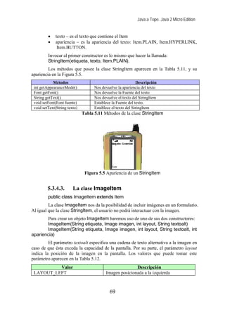 Java a Tope. Java 2 Micro Edition


         •    texto – es el texto que contiene el Item
         •    apariencia – es la apariencia del texto: Item.PLAIN, Item.HYPERLINK,
               Item.BUTTON.
         Invocar al primer constructor es lo mismo que hacer la llamada:
         StringItem(etiqueta, texto, Item.PLAIN).
         Los métodos que posee la clase StringItem aparecen en la Tabla 5.11, y su
apariencia en la Figura 5.5.
            Métodos                                          Descripción
 int getAppearanceMode()            Nos devuelve la apariencia del texto
 Font getFont()                     Nos devuelve la Fuente del texto
 String getText()                   Nos devuelve el texto del StringItem
 void setFont(Font fuente)          Establece la Fuente del texto.
 void setText(String texto)         Establece el texto del StringItem
                              Tabla 5.11 Métodos de la clase StringItem




                               Figura 5.5 Apariencia de un StringItem


         5.3.4.3.       La clase ImageItem
         public class ImageItem extends Item
         La clase ImageItem nos da la posibilidad de incluir imágenes en un formulario.
Al igual que la clase StringItem, el usuario no podrá interactuar con la imagen.
        Para crear un objeto ImageItem haremos uso de uno de sus dos constructores:
       ImageItem(String etiqueta, Image imagen, int layout, String textoalt)
        ImageItem(String etiqueta, Image imagen, int layout, String textoalt, int
apariencia)
         El parámetro textoalt especifica una cadena de texto alternativa a la imagen en
caso de que ésta exceda la capacidad de la pantalla. Por su parte, el parámetro layout
indica la posición de la imagen en la pantalla. Los valores que puede tomar este
parámetro aparecen en la Tabla 5.12.
          Valor                                          Descripción
 LAYOUT_LEFT                              Imagen posicionada a la izquierda



                                            69
 