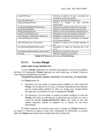 Java a Tope. Java 2 Micro Edition


    int getFitPolicy()                               Devuelve el modo en el que se muestran las
                                                     entradas de la lista por pantala
    Font getFont(int pos)                            Devuelve la fuente del elemento pos.
    Image getImage(int pos)                          Obtiene la imagen de una posición
                                                     determinada.
    int getSelectedFlags(bolean[] array)             Almacena el estado de selección en un array.
    int getSelectedIndex()                           Obtiene el índice del elemento seleccionado.
    String getString(int pos)                        Obtiene el texto del elemento indicado por pos.
    boolean isSelected(int pos)                      Determina si está seleccionado el elemento
    void set(int pos, String texto, Image im)        Reemplaza el elemento de la posición pos
    void setFitPolicy(int modo)                      Establece el modo de posicionar las entradas
                                                     de la lista por pantalla.
    void setFont(int pos, Font fuente)               Establece la fuente de la entrada indicada en
                                                     pos
    int setSelectedFlags(bolean[] array)             Reemplaza el estado de selección por el de
                                                     array
    int setSelectedIndex(int pos, bolean selec)      Reemplaza el estado de selección
    int size()                                       Obtiene el número de elementos
                           Tabla 5.15 Métodos de la clase ChoiceGroup


        5.3.4.7.         La clase Gauge
         public class Gauge extends Item
         La clase Gauge implementa un indicador de progresos a través de un gráfico
de barras. El componente Gauge representa un valor entero que va desde 0 hasta un
valor máximo que definimos al crearlo:
         Gauge(String etiqueta, boolean interactivo, int valormax, int valorinicial)
         Un Gauge puede ser:
         •    Interactivo: En este modo, el usuario puede modificar el valor actual del
              Gauge. En la mayoría de los casos, el usuario dispondrá de unos botones
              con los cuales podrá modificar el valor a su antojo, pero siempre dentro
              del rango que se estableció al crear el componente Gauge.
         •    No Interactivo: En    este modo, el usuario no puede modificar el valor del
              Gauge. Esta tarea     es realizada por la aplicación que actualiza su valor a
              través del método     Gauge.setValor(int valor). Este modo es muy útil
              cuándo queremos        indicar el progreso en el tiempo de una tarea
              determinada.
         El código siguiente nos muestra como crear y manejar un Gauge interactivo.
La Figura 5.7 muestra su aspecto visual. Este componente lo utilizaremos en nuestra
aplicación Hogar para seleccionar la temperatura de la calefacción.




                                                73
 