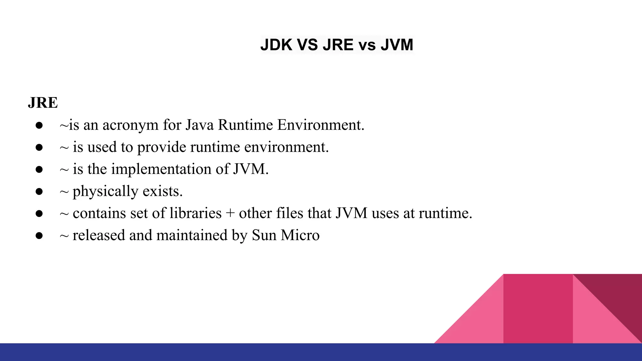 JDK VS JRE vs JVM
JRE
● ~is an acronym for Java Runtime Environment.
● ~ is used to provide runtime environment.
● ~ is the implementation of JVM.
● ~ physically exists.
● ~ contains set of libraries + other files that JVM uses at runtime.
● ~ released and maintained by Sun Micro
 