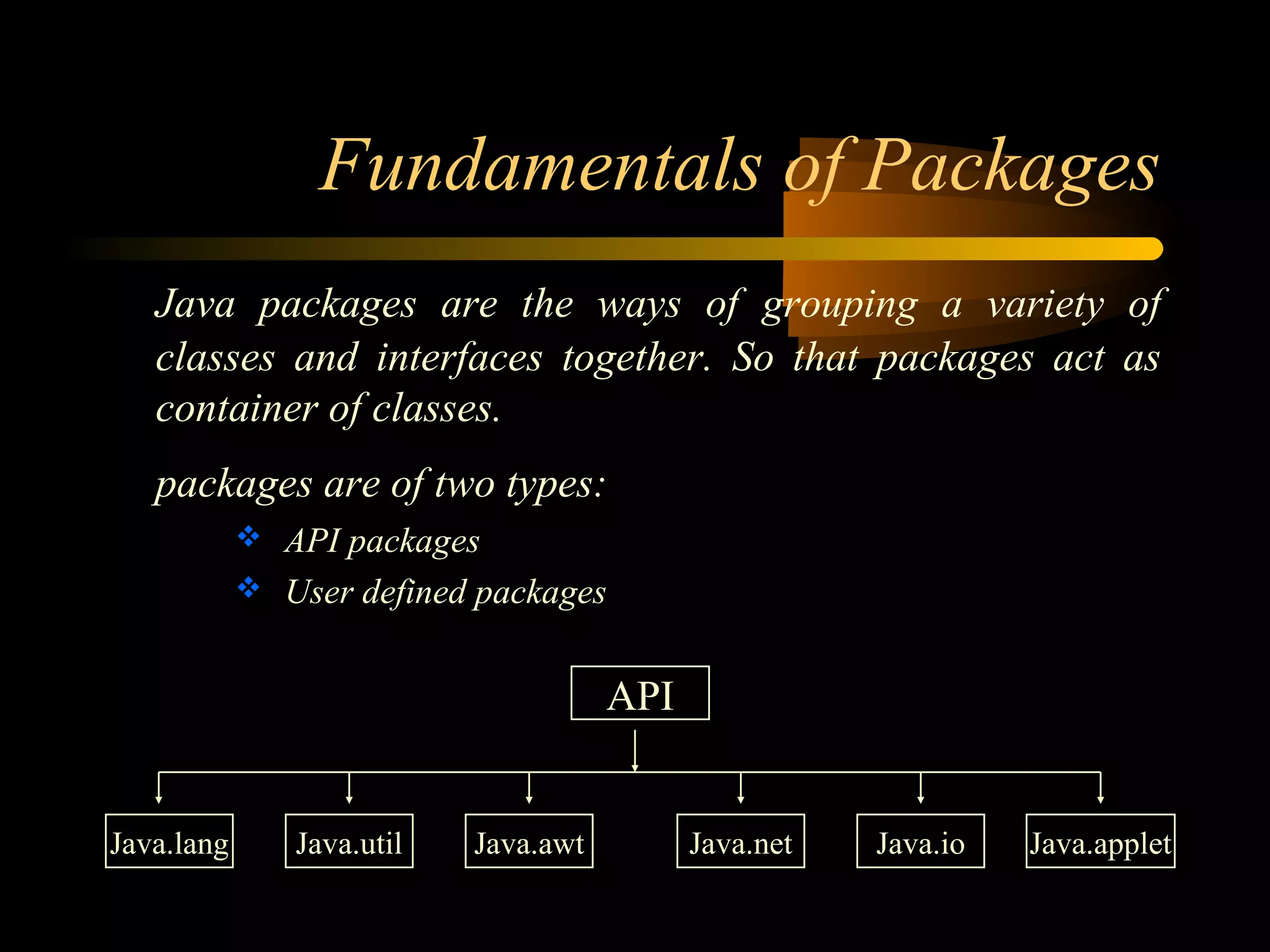 Fundamentals of Packages 
Java packages are the ways of grouping a variety of 
classes and interfaces together. So that packages act as 
container of classes. 
packages are of two types: 
 API packages 
 User defined packages 
API 
Java.lang Java.util Java.awt Java.net Java.io Java.applet 
 