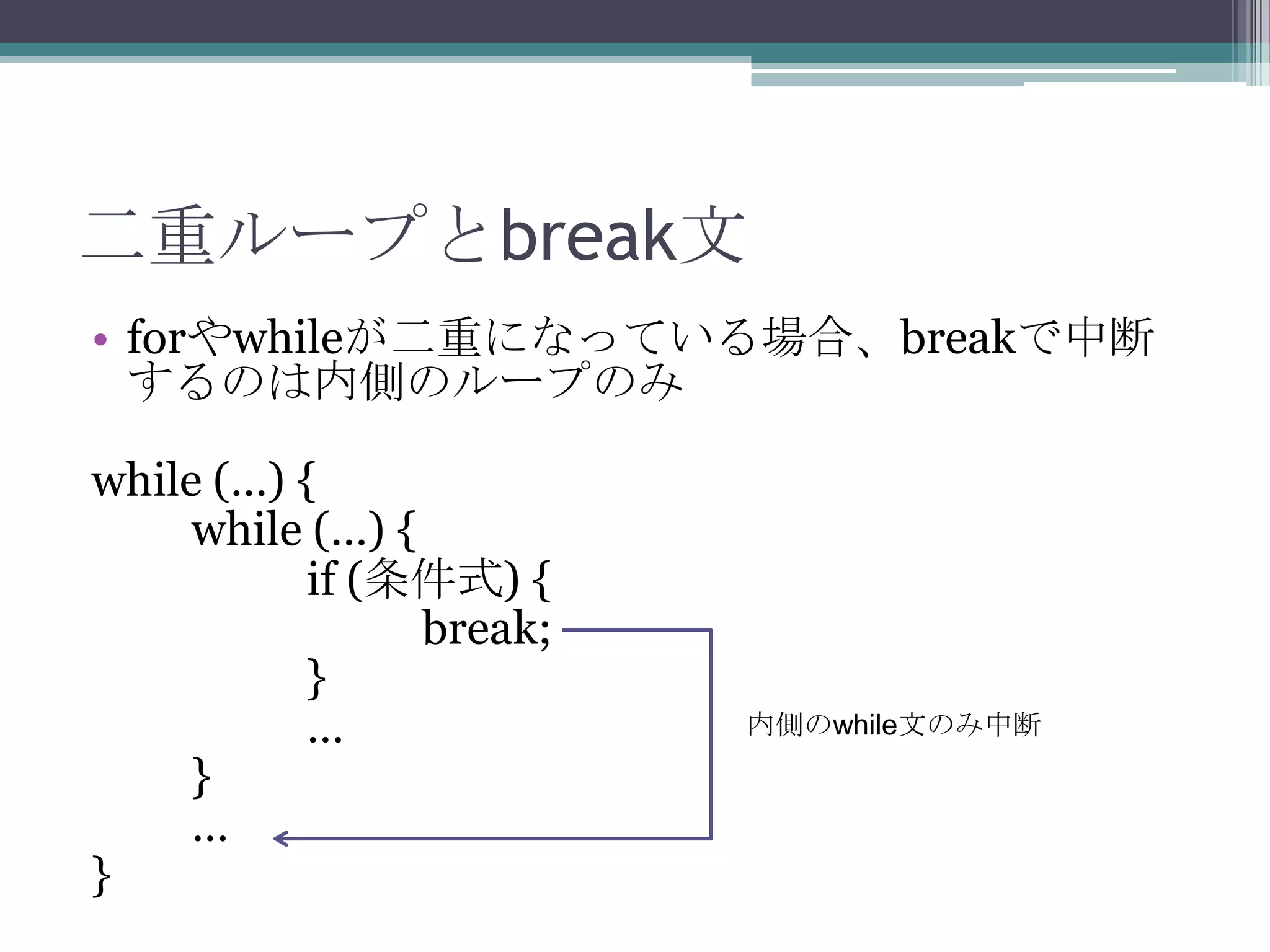 二重ループとbreak文
• forやwhileが二重になっている場合、breakで中断
するのは内側のループのみ
while (…) {
while (…) {
if (条件式) {
break;
}
…
}
…
}

内側のwhile文のみ中断

 
