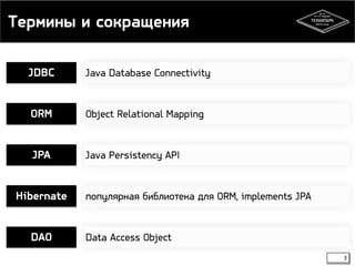 Термины и сокращения 
3 
JDBC Java Database Connectivity 
ORM Object Relational Mapping 
JPA Java Persistency API 
Hibernate популярная библиотека для ORM, implements JPA 
DAO Data Access Object 
 