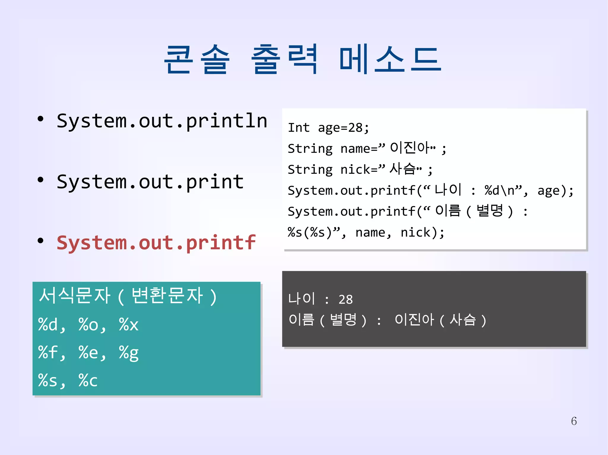 콘솔 출력 메소드 System.out.println System.out.print System.out.printf Int age=28; String name=” 이진아” ; String nick=” 사슴” ; System.out.printf(“ 나이  : %d\n”, age); System.out.printf(“ 이름 ( 별명 ) : %s(%s)”, name, nick); 나이  : 28 이름 ( 별명 ) :  이진아 ( 사슴 ) 서식문자 ( 변환문자 ) %d, %o, %x %f, %e, %g %s, %c 